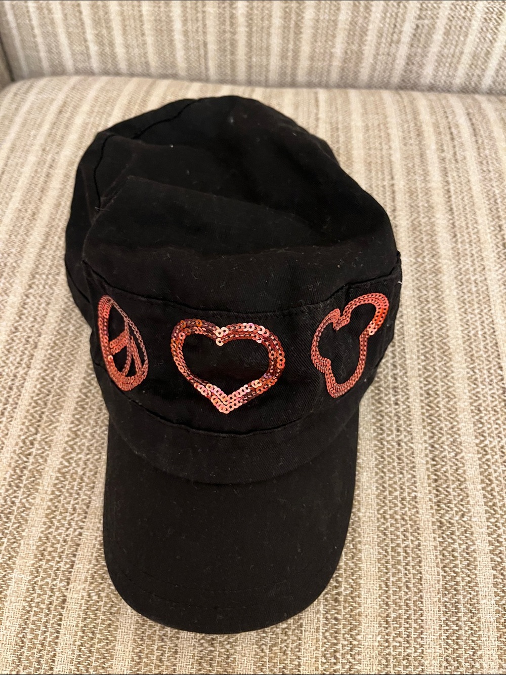 Disney Parks Black Womens Cap with Pink 
Peace Love and Mickey Sequins